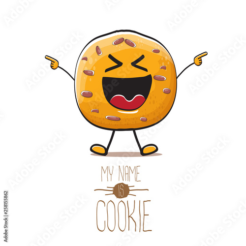 vector funny hand drawn homemade chocolate cookie character isolated on white background. My name is cookie concept illustration. funky food character or bakery label mascot