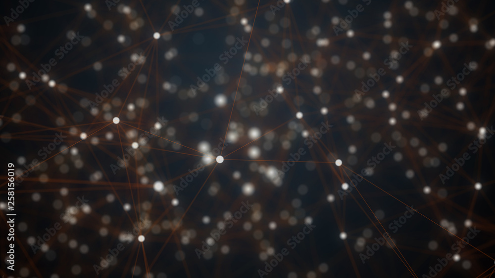 Fototapeta premium Abstract background, full of white dots, which are connected with red straight lines, on black brurred black backdrop. Dots accumulation.