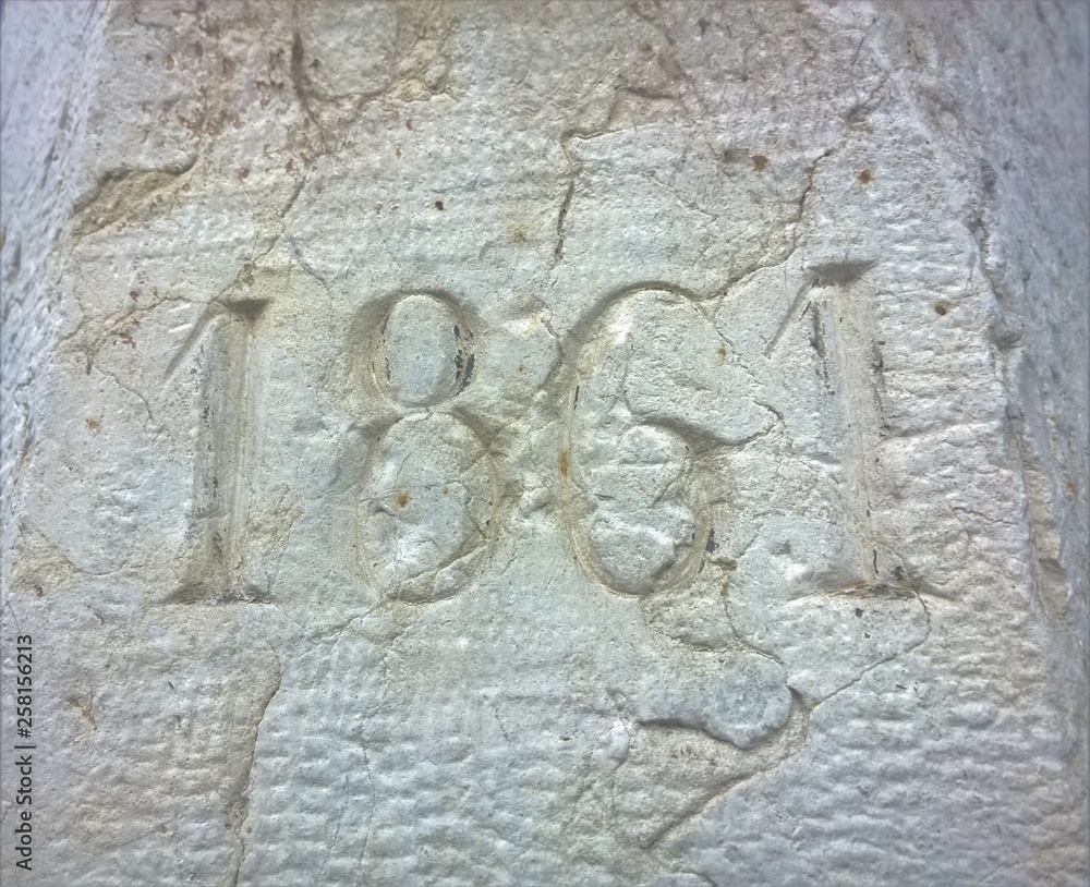 1861, one thousand eight hundred and sixty-one, building date in Mantua, Corso Garibaldi 32, date engraved on the wall of the building.