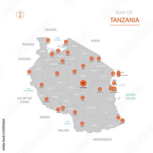 Stylized vector Tanzania map showing big cities, capital Dodoma, administrative divisions.