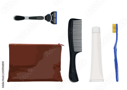 Set of travel men's cosmetic accessories. Hairbrush, razor, brush. Vector illustration. Isolated on a white background.