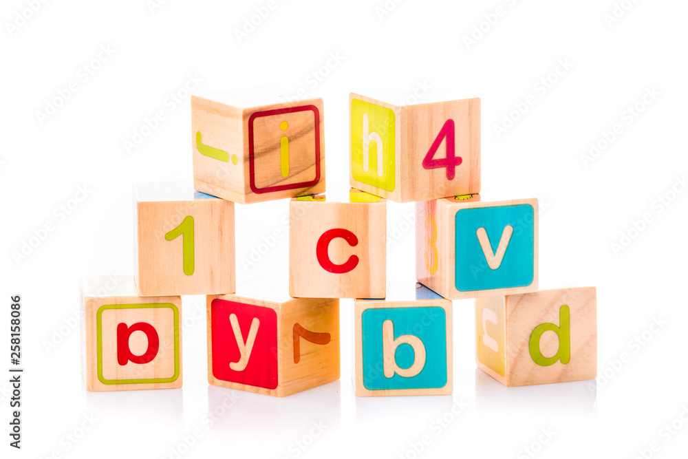 Toy cubes. Baby collection. ABC letters made from baby toys Toy cubes. Baby collection. ABC letters made from baby toys