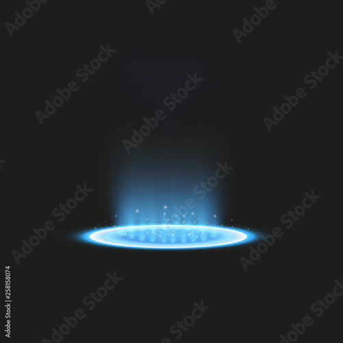 Futuristic teleport. Magic fantasy portal. Light effect. Blue candles rays of a night scene with sparks on a transparent background. Empty light effect of the podium. Disco club dancefloor.