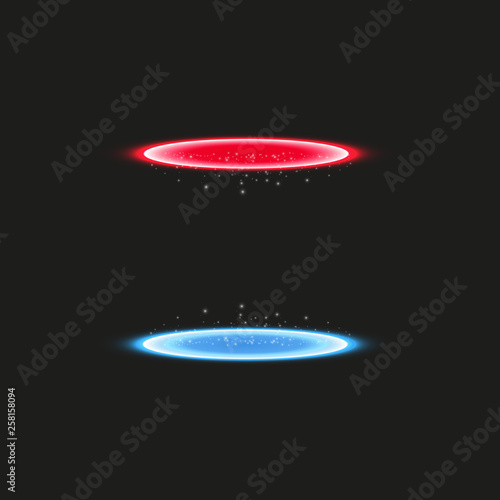 Magic fantasy portal. Futuristic teleport. Light effect. Blue and red candles rays of a night scene with sparks on a transparent background. Empty light effect of the podium. Disco club dancefloor