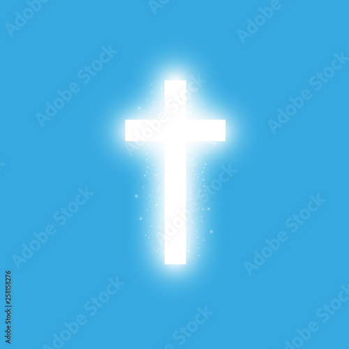 Shining white cross on transparent background. Glowing saint cross. Vector illustration