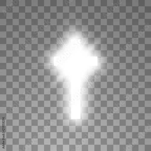 Shining white cross on transparent background. Glowing saint cross. Vector illustration