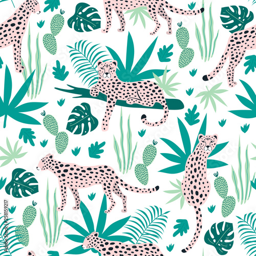 Fototapeta Seamless pattern with leopards and tropical leaves. Vector