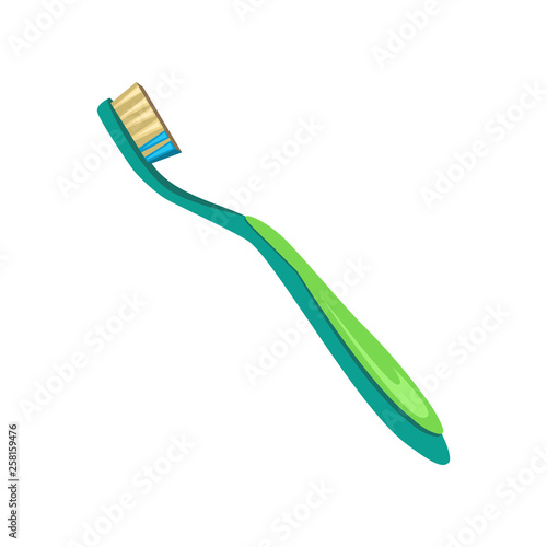 Green toothbrush illustration. Bathroom, hygiene, brush. Dental care concept. Vector illustration can be used for topics like stomatology, hygiene, daily routine