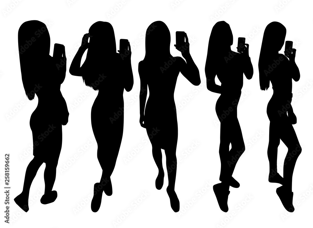 Girl black silhouette taking selfie with smart phone Girl black silhouette taking selfie with smart phone