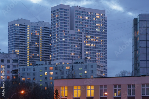 Blue spring sunset in a residential area of Moscow