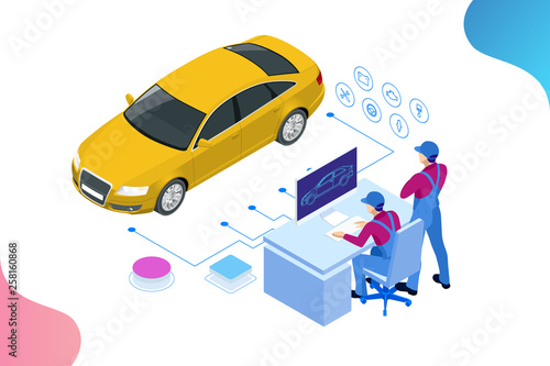 Isometric auto repair service station. Workers in car service tire service and car repair vector illustration