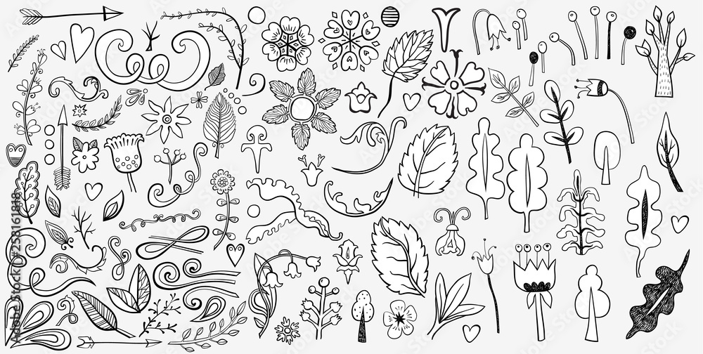 Set of colorful ornaments on white. Hand drawn ornate elements with abstract patterns on isolation background.