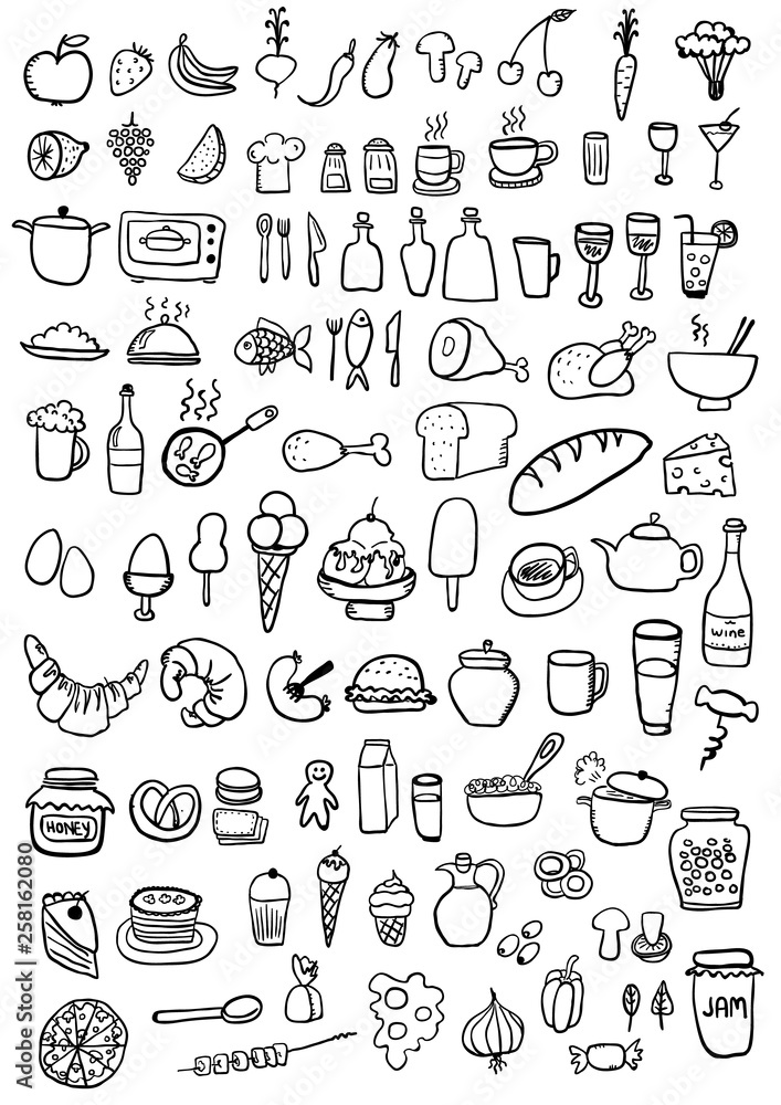 Big color food set on white background. Free hand drawn. Vector ...