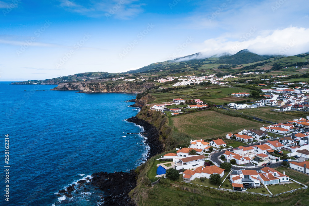 Top view of San Miguel island and coastline of Atlantica, Azores, Portugal.