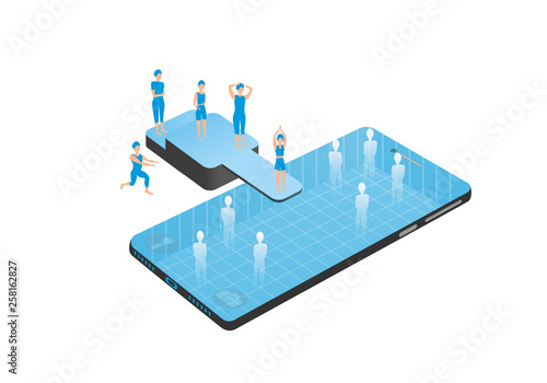 People in swimsuit is diving in smartphone.
