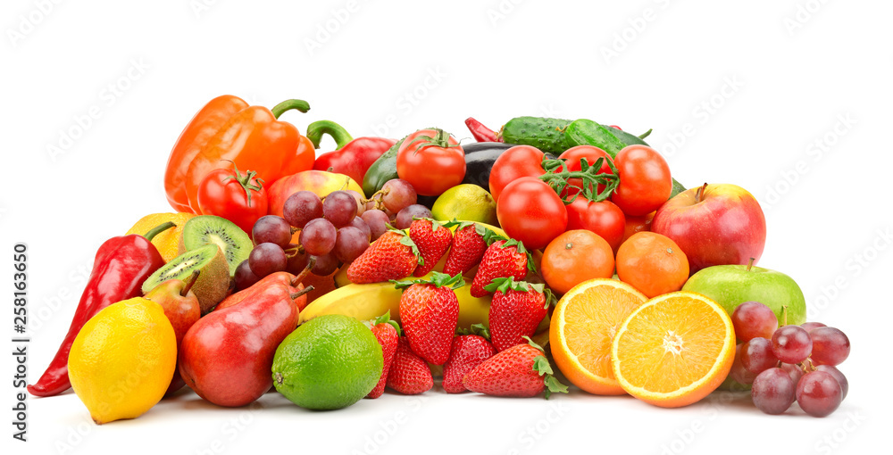 Heap different fruits, vegetables and berries isolated on white Heap different fruits, vegetables and berries isolated on white
