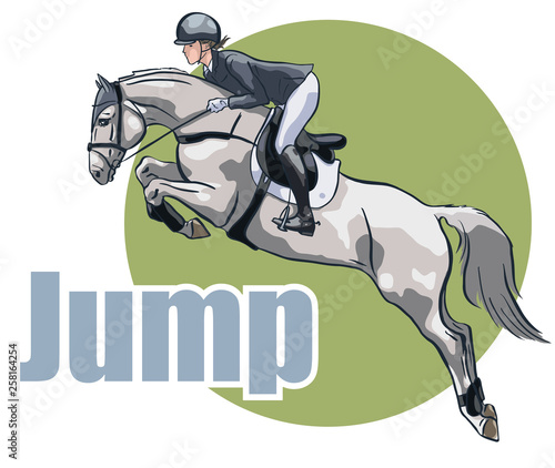 Equestrian sport, show jumping. Vector illustration of a young rider on a horse.