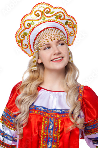 Traditional Russian folk costume, portrait of a young beautiful girl