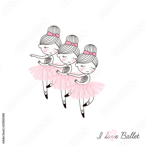 Cute little dancing Ballerina dolls in pink transparent ballet skirts. Simple linear vector graphic illustration isolated on white . Perfect for girlish design, t-shirt fashion print, girl room wall