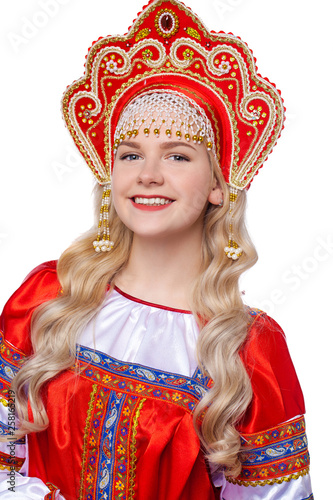 Traditional Russian folk costume, portrait of a young beautiful girl