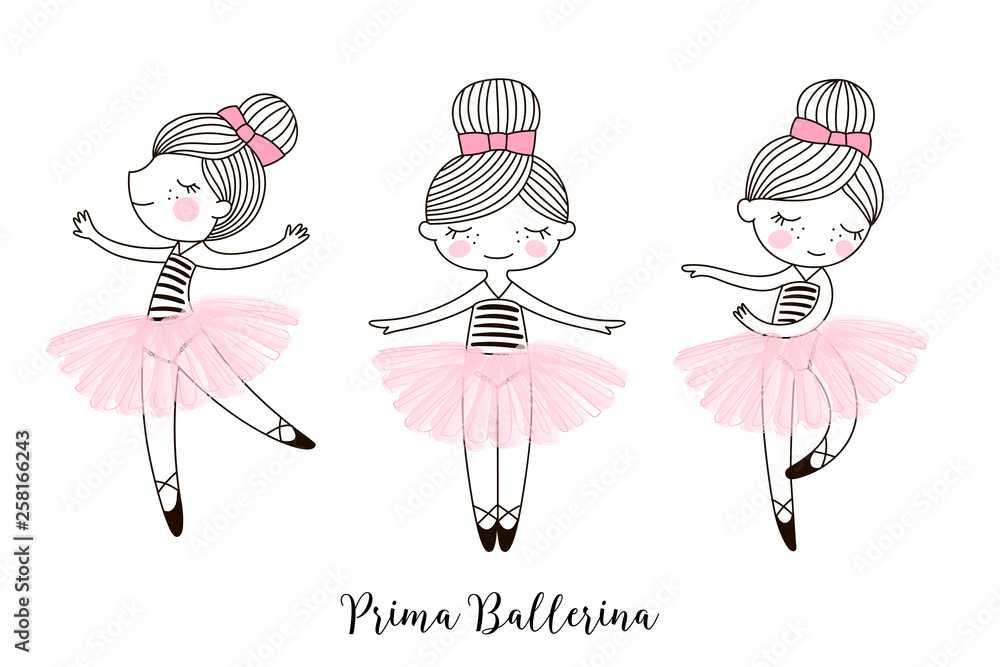 Set of cute little dancing cartoon Ballerina doll characters in pink  transparent ballet skirts. Simple linear vector graphic illustration  isolated on white . Perfect for girlish design, t-shirt Stock Vector | Adobe