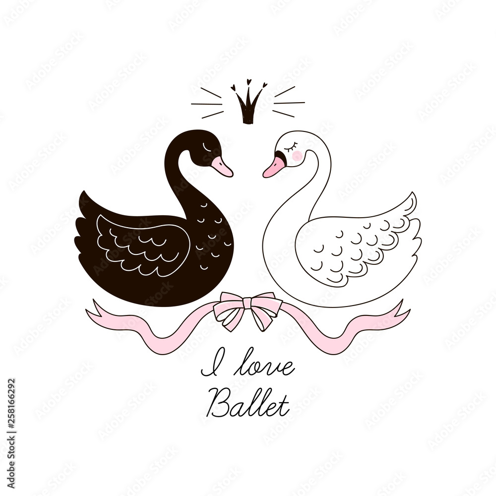 Fototapeta premium Cute black and white swans birds in crown and ribbon bow. Ballet themed vector illustration isolated on white. Simple linear pink colored graphics for girlish design, t-shirt fashion print, wall art