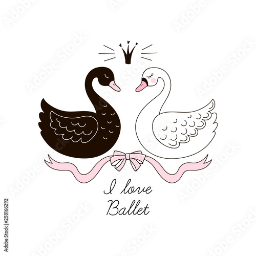 Cute black and white swans birds in crown and ribbon bow. Ballet themed vector illustration isolated on white. Simple linear pink colored graphics for girlish design, t-shirt fashion print, wall art