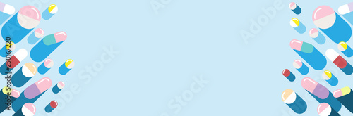 Set of Colorful Tablets and Capsules isolated on blue background - pills, Painkiller tablet, vitamin, pharmaceutical antibiotics. Healthcare concept. Flat cartoon vector illustration.