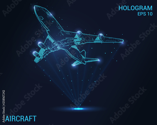 The plane hologram. Digital and technological background of the plane. Design a futuristic airliner.