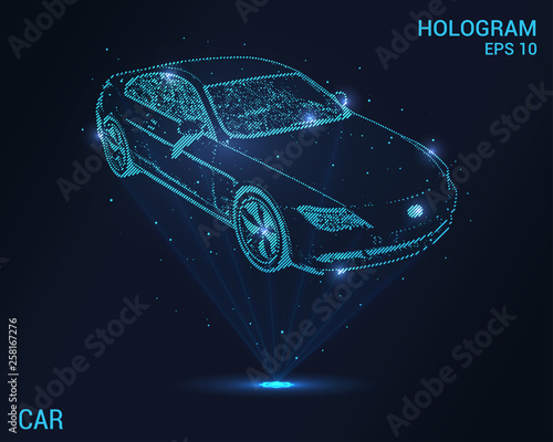 The car is a hologram. Digital and technological background of the car. The futuristic design of the car.