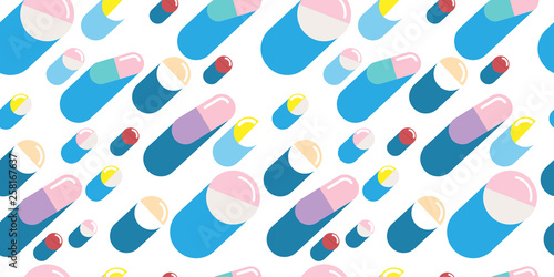 Seamless pattern with set of pills, medicine, drugs isolated on white background. Painkiller tablet, vitamin, pharmaceutical antibiotics. Healthcare concept. Vector illustration.