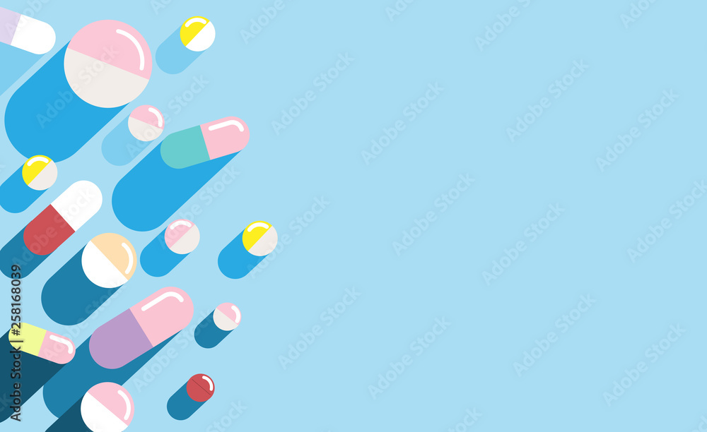 Set of Colorful Tablets and Capsules isolated on blue background - pills, Painkiller tablet, vitamin, pharmaceutical antibiotics. Healthcare concept. Vector illustration. Top view, Copy space Set of Colorful Tablets and Capsules isolated on blue background - pills, Painkiller tablet, vitamin, pharmaceutical antibiotics. Healthcare concept. Vector illustration. Top view, Copy space