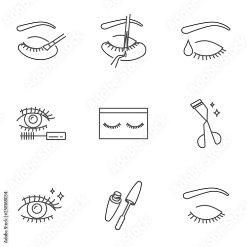 Eyelashes extension, cosmetics and make up vector icons set