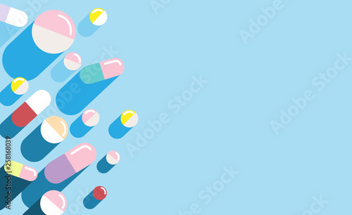 Set of Colorful Tablets and Capsules isolated on blue background - pills, Painkiller tablet, vitamin, pharmaceutical antibiotics. Healthcare concept. Vector illustration. Top view, Copy space