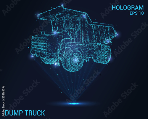 Mining truck is a hologram. Digital and technological background of dump truck. Futuristic design dump truck.