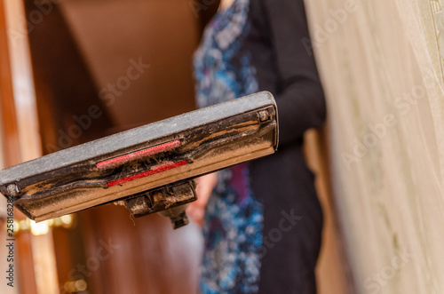close-up of the bottom of the vacuum cleaner with garbage, dust in the hands of a girl