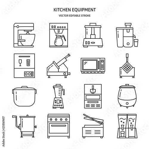 Kitchen equipment icon set in line style