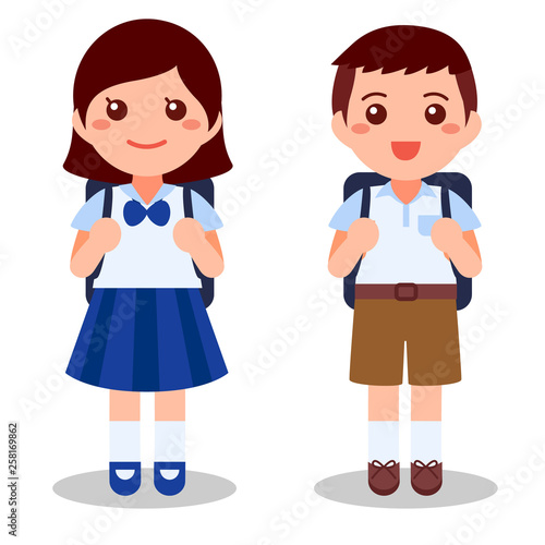 Cute thai student on white background. Flat cartoon vector illustration