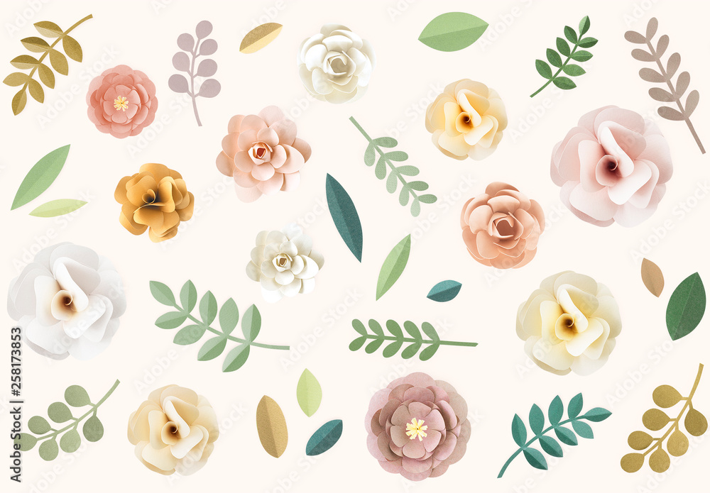 Pastel Papercraft Leaves and Flowers Set Stock Template | Adobe Stock