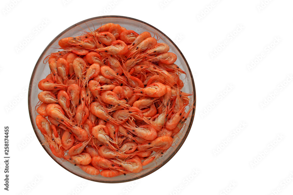 Top view of shrimps on a plate isolated on white background Top view of shrimps on a plate isolated on white background