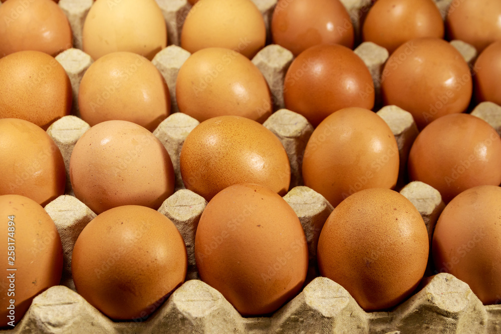 Raw chicken eggs in cardboard egg box close-up Raw chicken eggs in cardboard egg box close-up