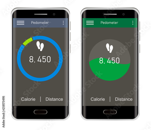 New realistic smartphone with the Pedometer application in two versions. Vector isolates on a white background.