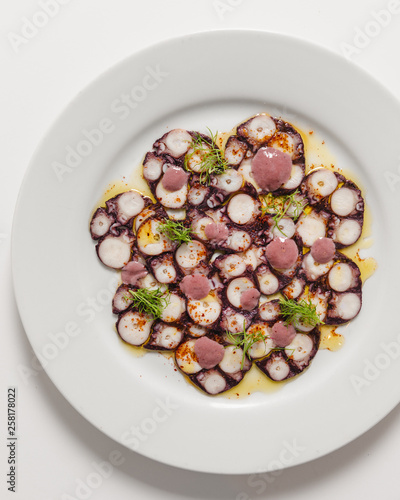 Octopus carpaccio braised in Rioja