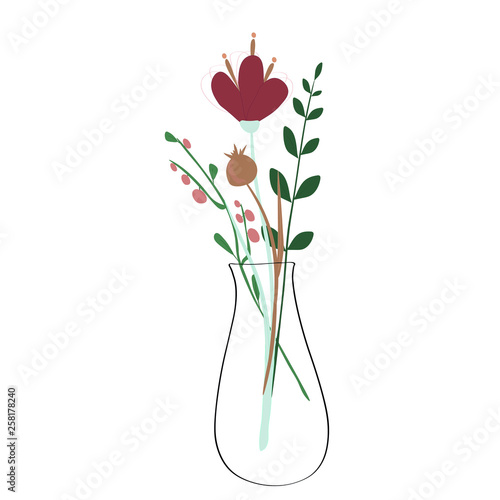 Vector minimalistic illustration. Vase with wild flowers and leaves. 