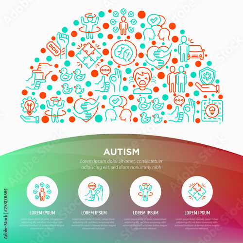 Autism concept in half circle, symptoms and adaptive skills thin line icons: repetitive behavior, stereotypy, ignoring of danger, autoaggression, hysterics, social interaction. Vector illustration.