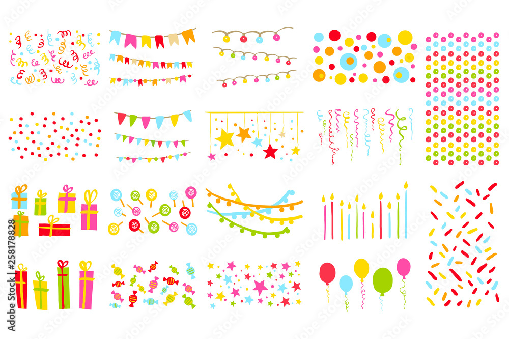 Party elements big set, pennants, flags, garlands, candles, balloons, presents, stars colorful vector Illustration - obrazy, fototapety, plakaty 
