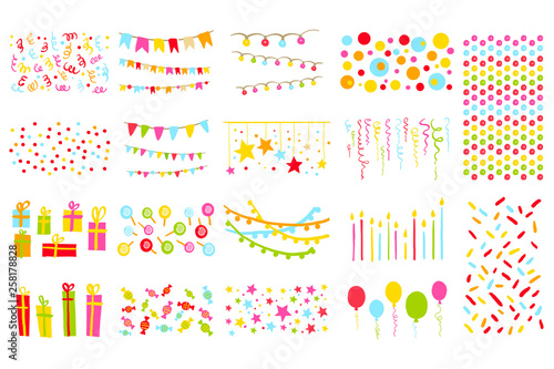 Party elements big set, pennants, flags, garlands, candles, balloons, presents, stars colorful vector Illustration