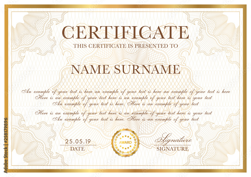 Certificate template. Gold border with Guilloche pattern for Diploma, deed, certificate of appreciation, achievement, any award design Certificate template. Gold border with Guilloche pattern for Diploma, deed, certificate of appreciation, achievement, any award design