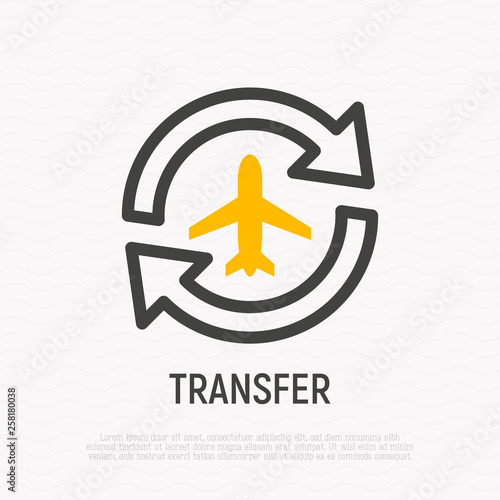 Airport transfer: plane in arrows thin line icon. Modern vector illustration for taxi mobile service.