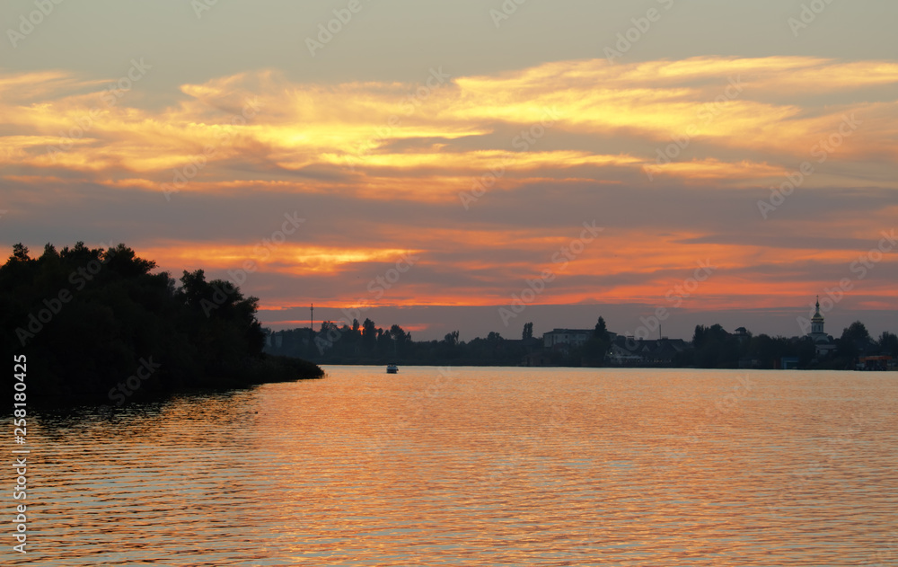 Sunset river horizon on river in Ukraine